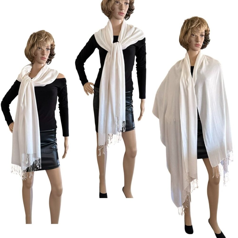 White Lightweight Elegant Pashmina Shawl Wrap Scarf With Fringe For Women